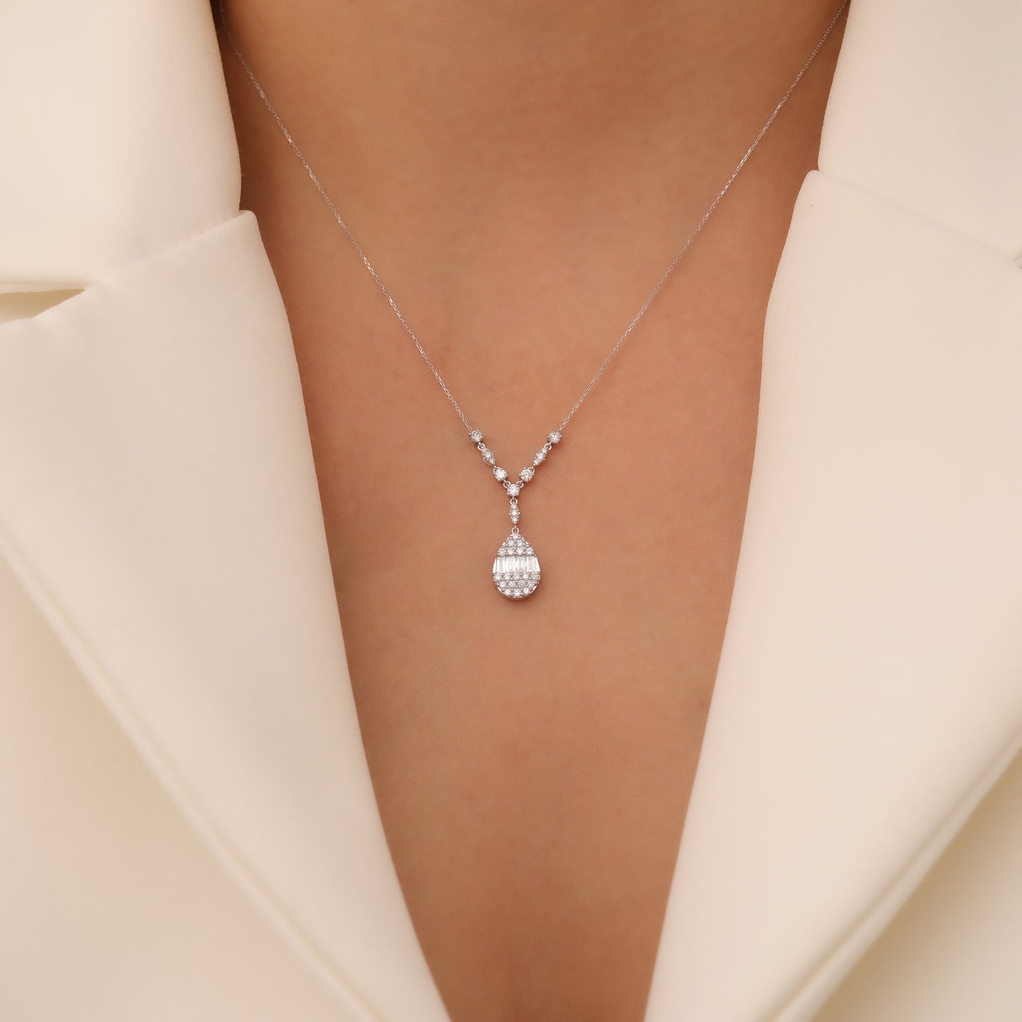 14K White Gold Drop Necklace with Diamonds