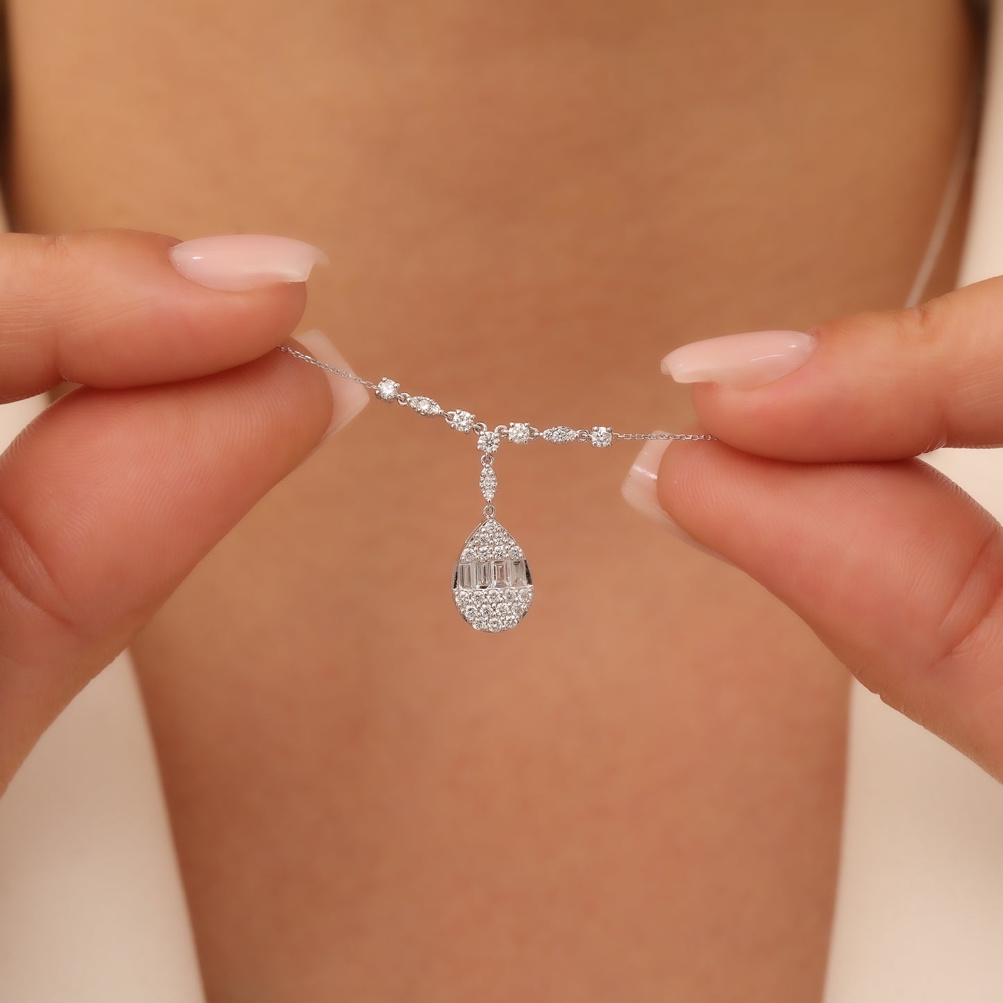 14K White Gold Drop Necklace with Diamonds