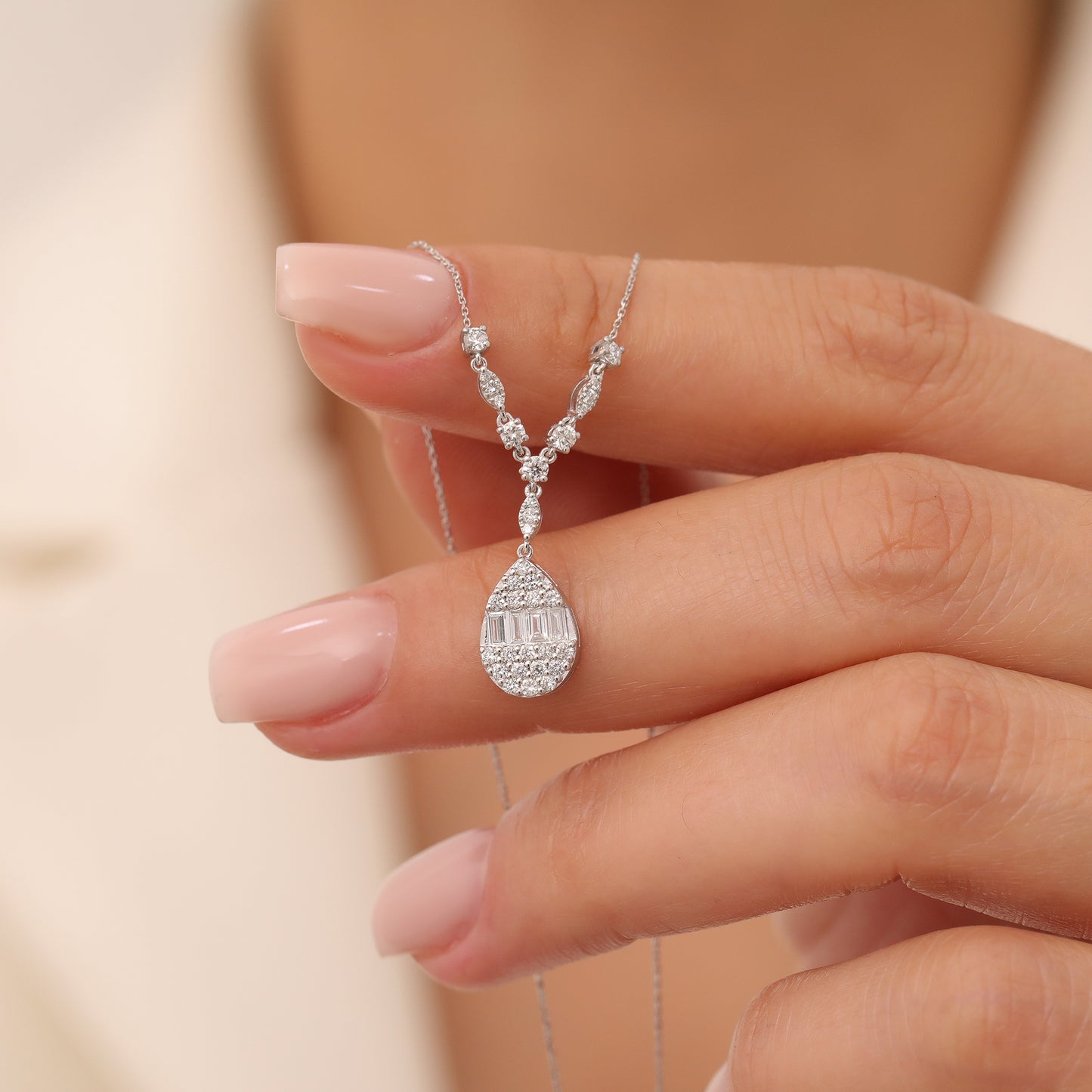 14K White Gold Drop Necklace with Diamonds