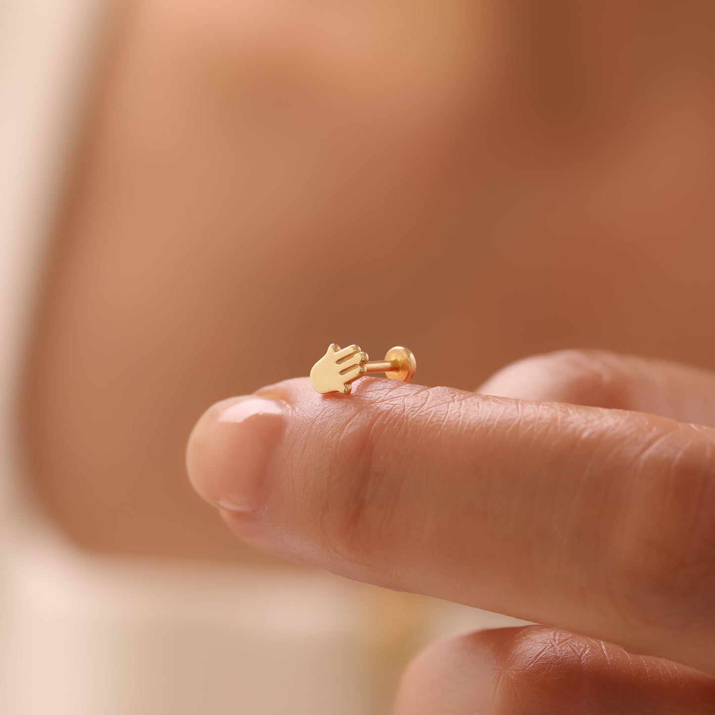 14K Solid Gold Hamsa Stud Earring: Helix, Tragus, Cartilage Piercing