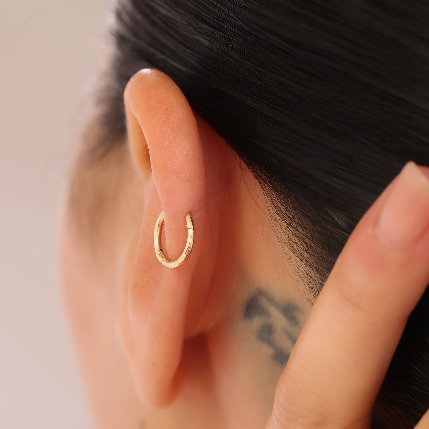 14K Solid Gold Huggie Hoop Earring: Cartilage Helix Tragus Conch Nose Septum Clicker Ring
