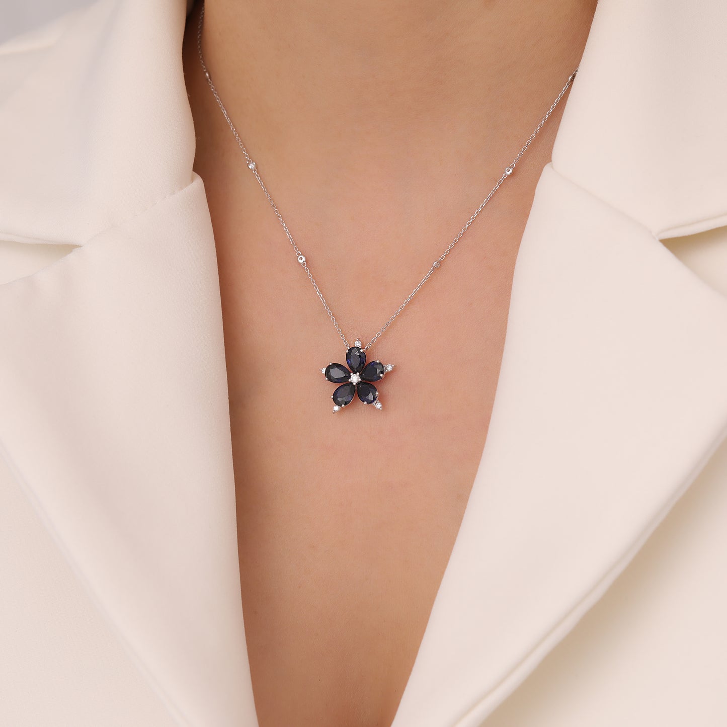 Sapphire Diamond Necklace, Flower Birthstone Necklace, 14K Gold Floral Pendant