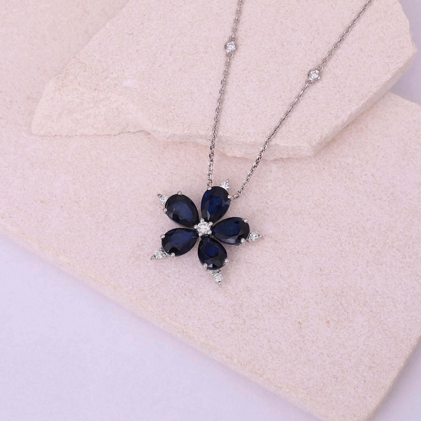 Sapphire Diamond Necklace, Flower Birthstone Necklace, 14K Gold Floral Pendant