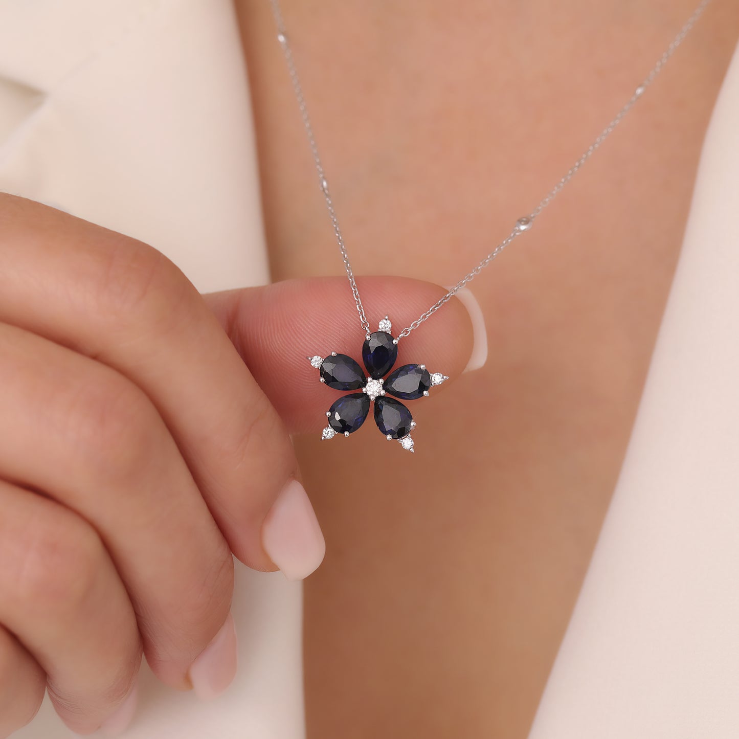 Sapphire Diamond Necklace, Flower Birthstone Necklace, 14K Gold Floral Pendant