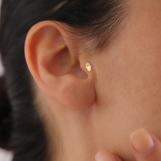 14K Solid Gold Hamsa Stud Earring: Helix, Tragus, Cartilage Piercing