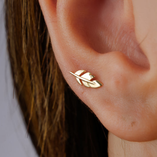 14k Solid Gold Leaf Stud: 18G Flat Back Helix Piercing / Dainty Tragus Conch Cartilage Earring