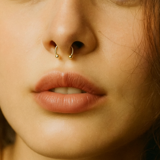 14K Solid Gold Horseshoe Septum Ring: 16G Internally Threaded Piercing