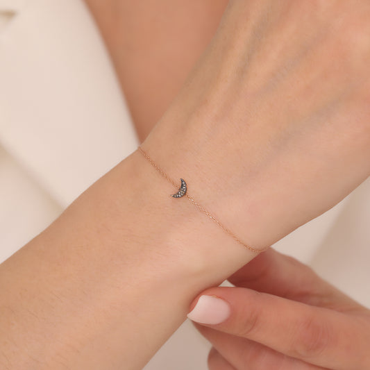 14K Solid Gold Crescent Moon Bracelet, Dainty Diamond Bracelet, Celestial Jewelry for Women, Minimalist Gold Bracelet, Luxury Gift for Her